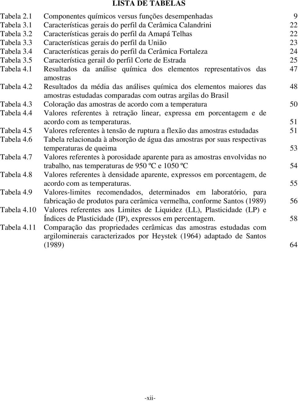 5 Característica gerail do perfil Corte de Estrada 25 Tabela 4.1 Resultados da análise química dos elementos representativos das 47 amostras Tabela 4.