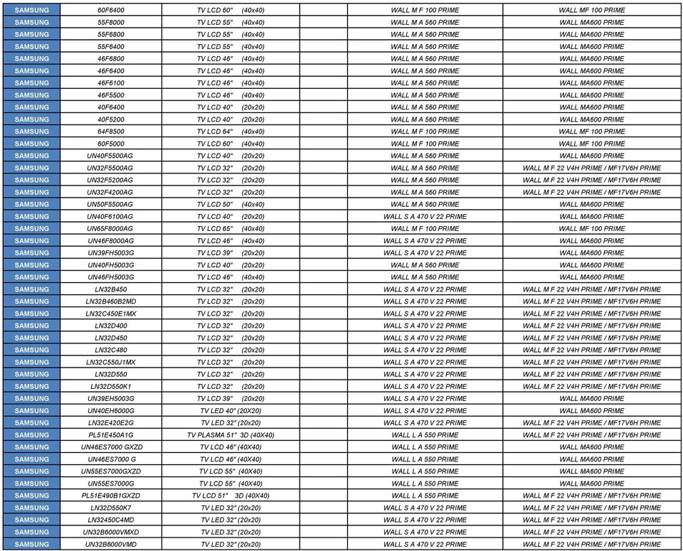 M A 560 PRIME WALL MA600 PRIME SAMSUNG 46F6100 TV LCD 46" (40x40) WALL M A 560 PRIME WALL MA600 PRIME SAMSUNG 46F5500 TV LCD 46" (40x40) WALL M A 560 PRIME WALL MA600 PRIME SAMSUNG 40F6400 TV LCD 40"