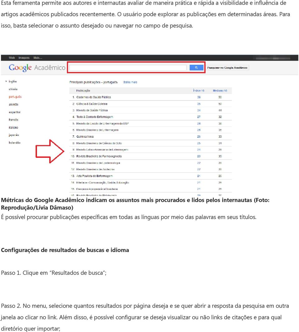 Métricas do Google Acadêmico indicam os assuntos mais procurados e lidos pelos internautas (Foto: Reprodução/Lívia Dâmaso) É possível procurar publicações específicas em todas as línguas por meio das