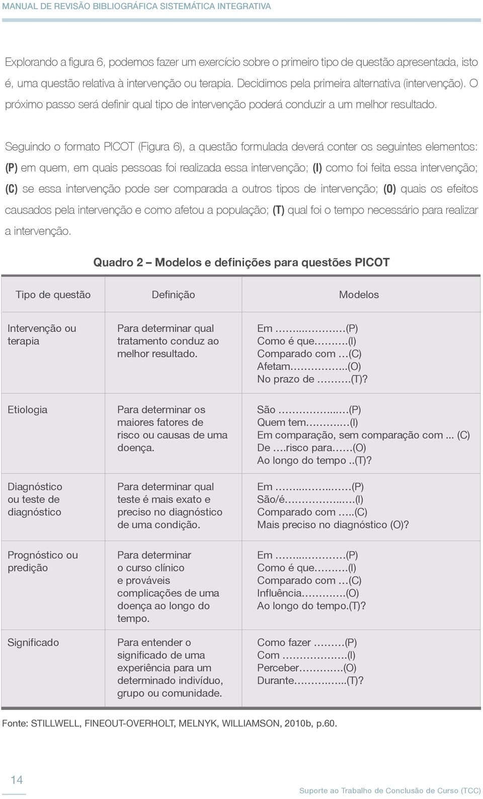 Seguindo o formato PICOT (Figura 6), a questão formulada deverá conter os seguintes elementos: (P) em quem, em quais pessoas foi realizada essa intervenção; (I) como foi feita essa intervenção; (C)