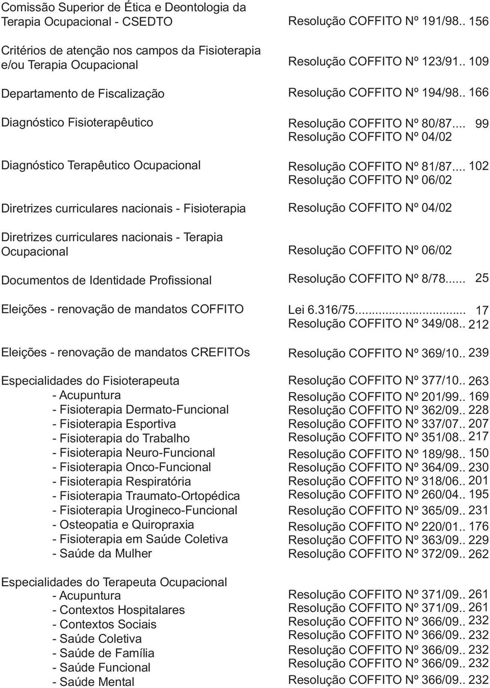 .. Resolução COFFITO Nº 04/02 99 Diagnóstico Terapêutico Ocupacional Diretrizes curriculares nacionais - Fisioterapia Diretrizes curriculares nacionais - Terapia Ocupacional Resolução COFFITO Nº 81/87.