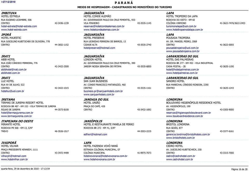 com.br www.hoteltropeirodalapa.com.br 41-3622-7476/3622-2453 IPORÃ HOTEL MAJESTIC RUA JUSCELINO KUBITSCHEK DE OLIVEIRA, 778 44-3652-1152 JAGUARIAÍVA HOTEL PRESERVE RUA LEONIDAS FERREIRA DE BARROS, 13