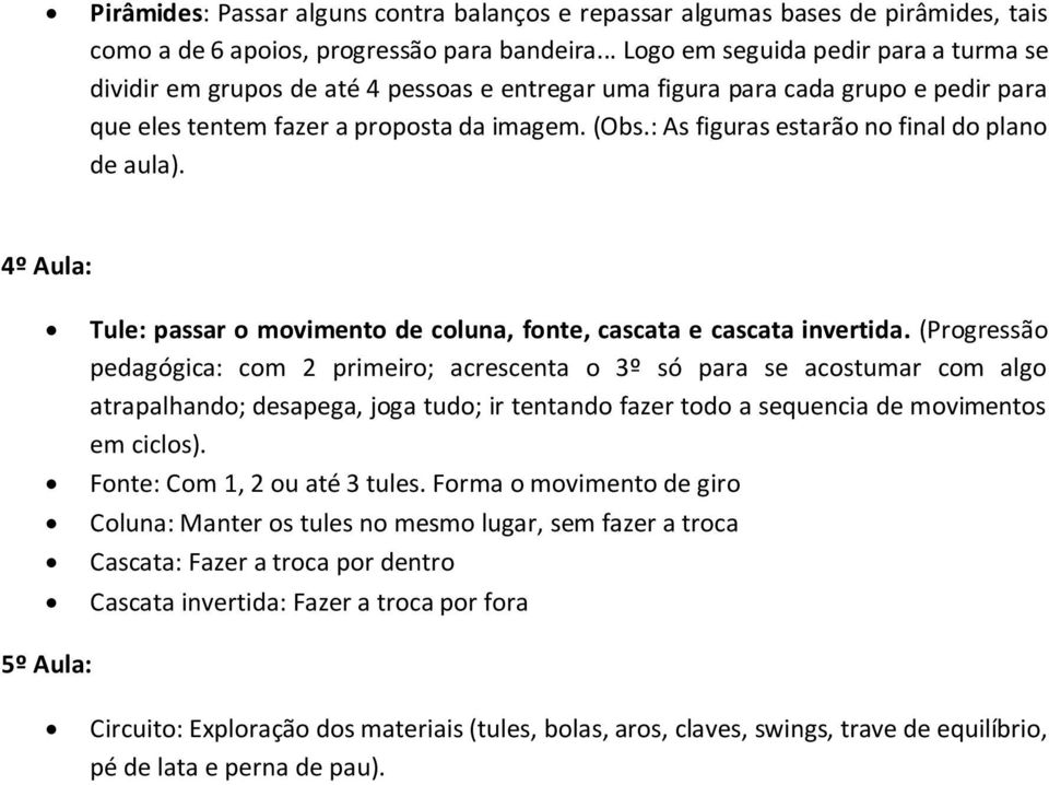 : As figuras estarão no final do plano de aula). 4º Aula: Tule: passar o movimento de coluna, fonte, cascata e cascata invertida.