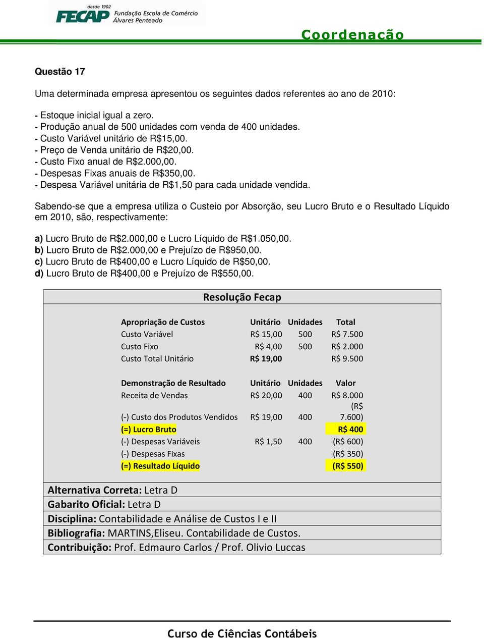 - Despesa Variável unitária de R$1,50 para cada unidade vendida.