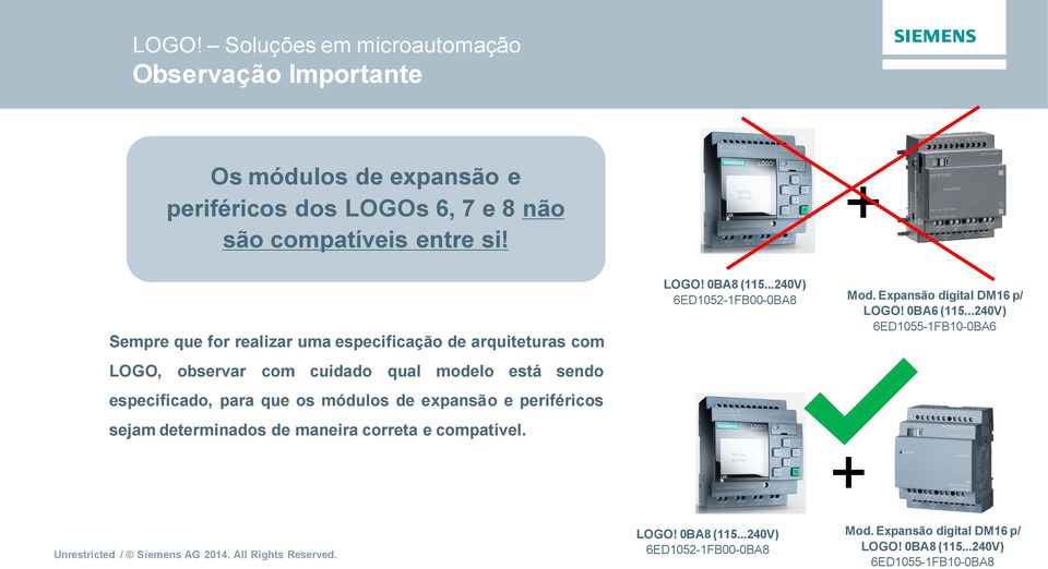 módulos de expansão e periféricos sejam determinados de maneira correta e compatível. LOGO! 0BA8 (115...240V) 6ED1052-1FB00-0BA8 Mod.