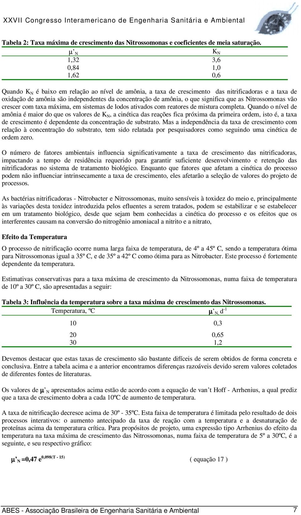 amônia, o que significa que as Nitrossomonas vão crescer com taxa máxima, em sistemas de lodos ativados com reatores de mistura completa.