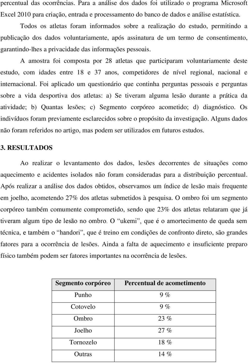 informações pessoais. A amostra foi composta por 28 atletas que participaram voluntariamente deste estudo, com idades entre 18 e 37 anos, competidores de nível regional, nacional e internacional.