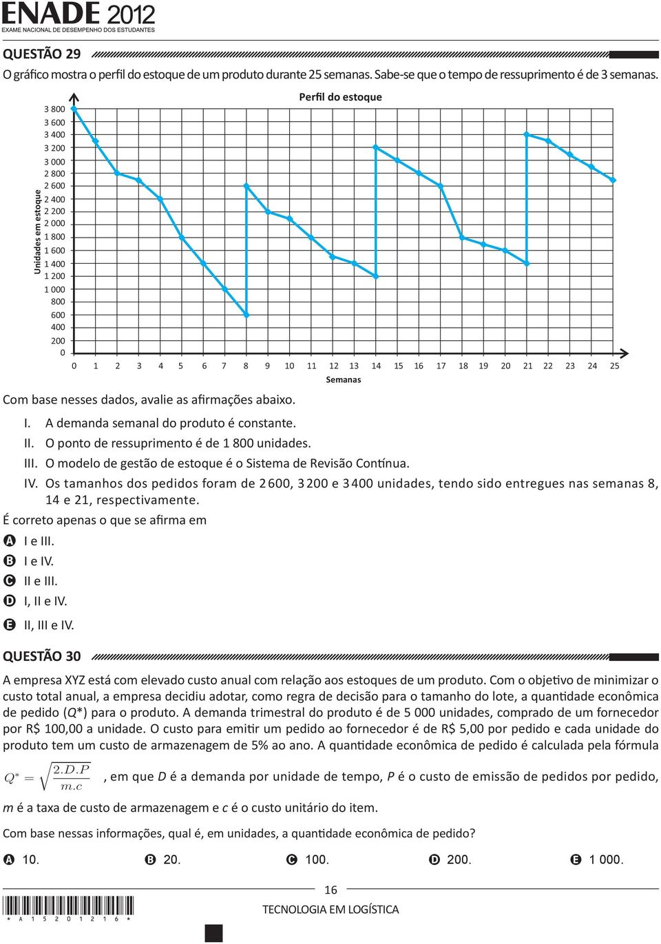 21 22 23 24 25 Semanas Com base nesses dados, avalie as afirmações abaixo. I. A demanda semanal do produto é constante. II. O ponto de ressuprimento é de 1 800 unidades. III.