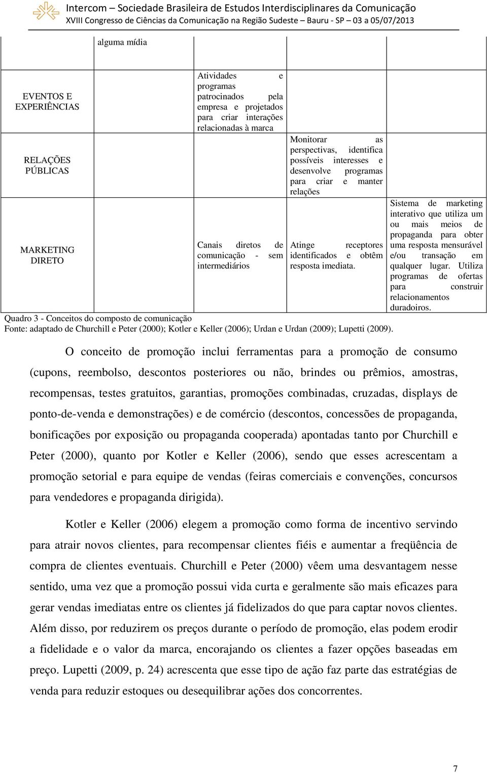 imediata. Quadro 3 - Conceitos do composto de comunicação Fonte: adaptado de Churchill e Peter (2000); Kotler e Keller (2006); Urdan e Urdan (2009); Lupetti (2009).