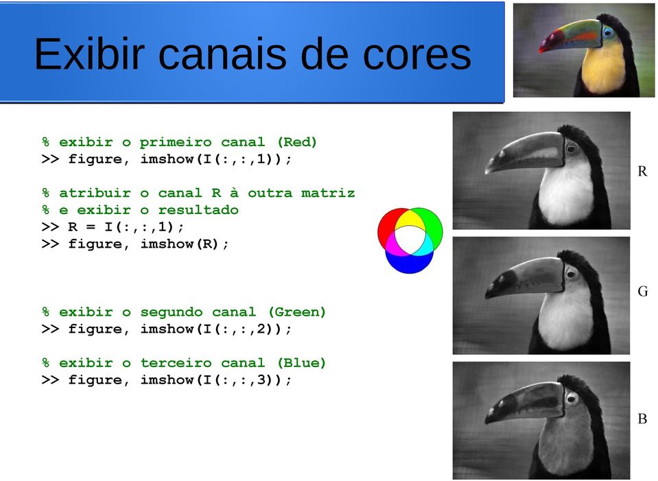 >> R = I(:,:,1); >> figure, imshow(r); R % exibir o segundo canal (Green) >>