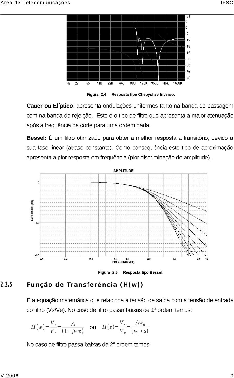 Bessel: É um filtro otimizado para obter a melhor resposta a transitório, devido a sua fase linear (atraso constante).