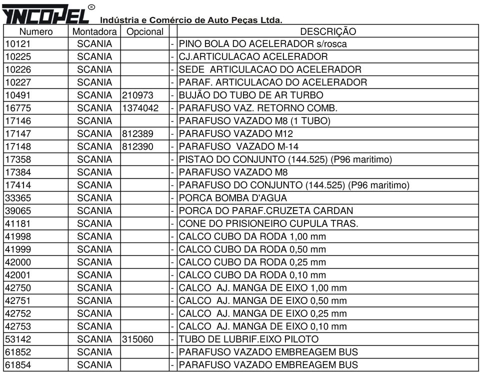 17146 SCANIA - PARAFUSO VAZADO M8 (1 TUBO) 17147 SCANIA 812389 - PARAFUSO VAZADO M12 17148 SCANIA 812390 - PARAFUSO VAZADO M-14 17358 SCANIA - PISTAO DO CONJUNTO (144.