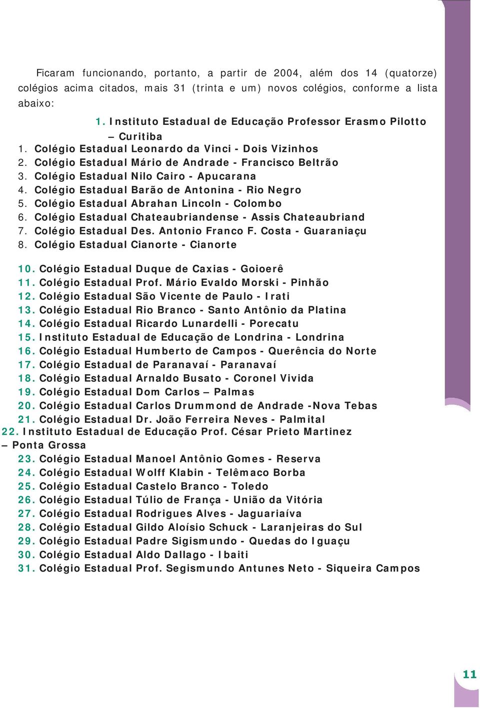 Colégio Estadual Nilo Cairo - Apucarana 4. Colégio Estadual Barão de Antonina - Rio Negro 5. Colégio Estadual Abrahan Lincoln - Colombo 6. Colégio Estadual Chateaubriandense - Assis Chateaubriand 7.