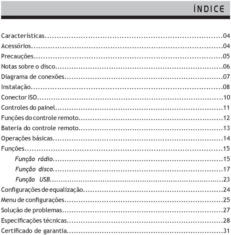 ..12 Bateria do controle remoto...13 Operações básicas...14 Funções...15 Função rádio...15 Função disco...17 Função USB.