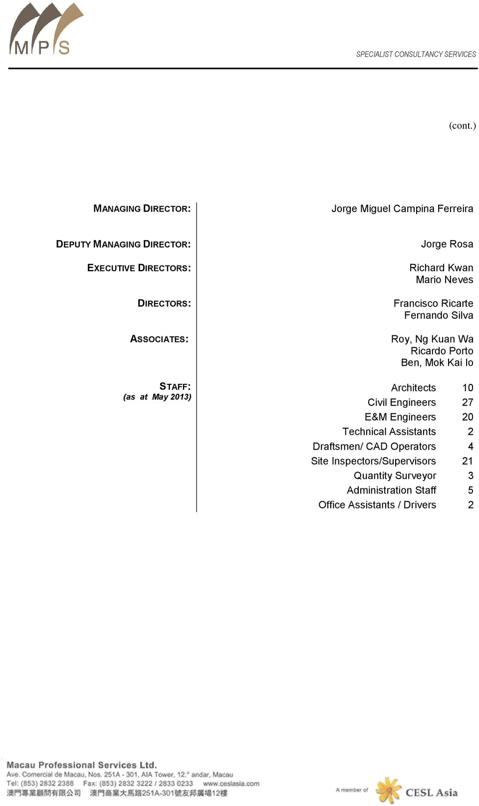 ASSOCIATES: STAFF: (as at May 2013) Jorge Rosa Richard Kwan Mario Neves Francisco Ricarte Fernando Silva Roy, Ng Kuan