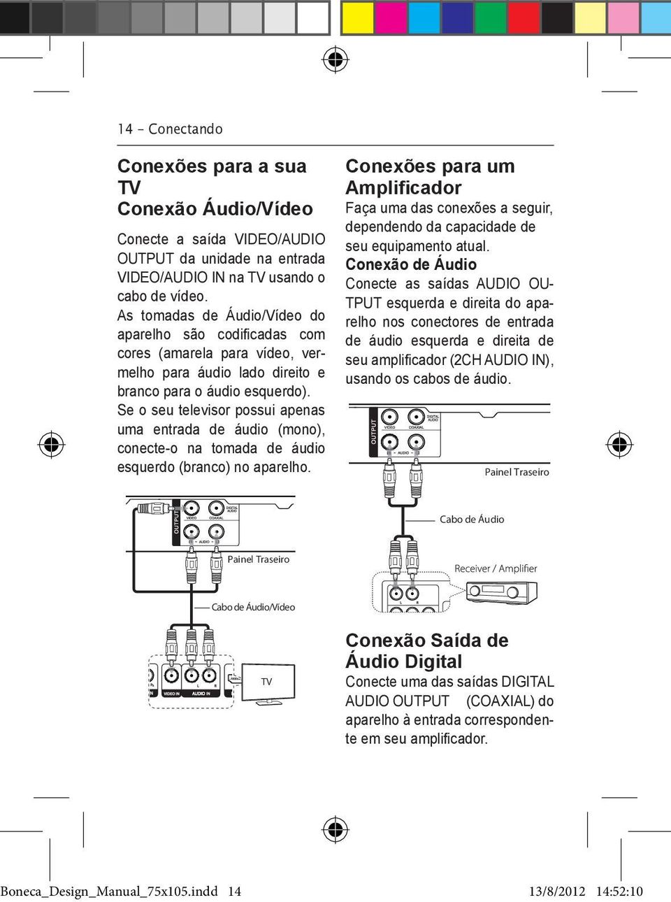 Se o seu televisor possui apenas uma entrada de áudio (mono), conecte-o na tomada de áudio esquerdo (branco) no aparelho.