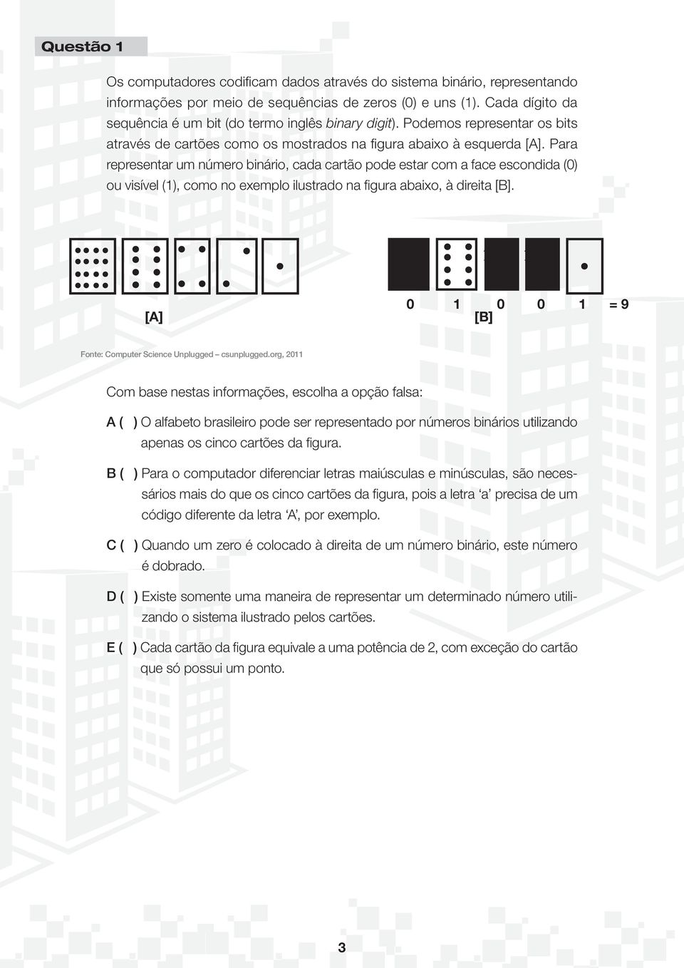 Para representar um número binário, cada cartão pode estar com a face escondida (0) ou visível (1), como no exemplo ilustrado na fi gura abaixo, à direita [B].