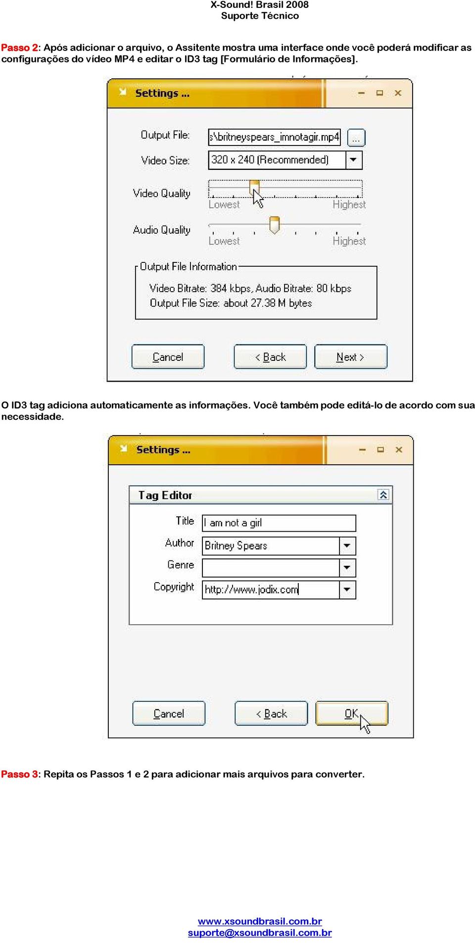 poderá modificar as configurações do vídeo MP4 e editar o ID3 tag [Formulário de Informações].
