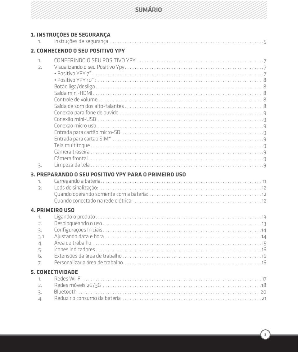 .................................................................. 8 Botão liga/desliga.................................................................... 8 Saída mini-hdmi..................................................................... 8 Controle de volume.