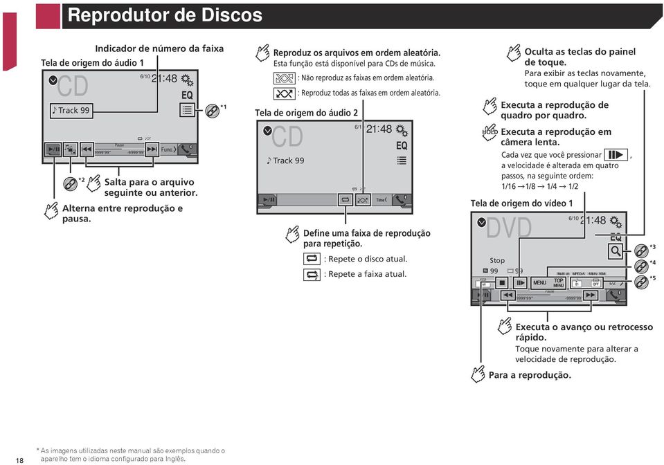 Tela de origem do áudio 2 CD Track 99 6/10 21 48 Define uma faixa de reprodução para repetição. : Repete o disco atual. : Repete a faixa atual. DVD Stop 99 99 Oculta as teclas do painel de toque.