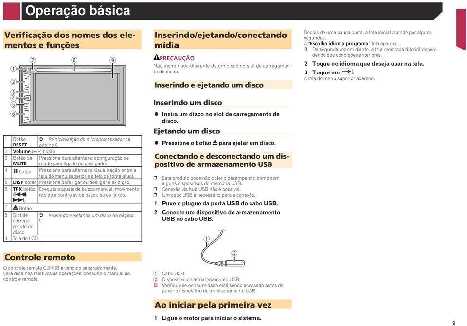 5 DISP botão Pressione para ligar ou desligar a exibição. 6 TRK botão Executa o ajuste de busca manual, movimento ( / rápido e controles de pesquisa de faixas.