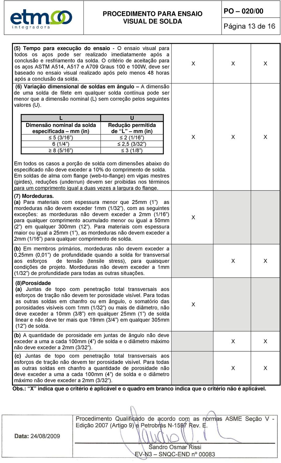 (6) Variação dimensional de soldas em ângulo A dimensão de uma solda de filete em qualquer solda contínua pode ser menor que a dimensão nominal (L) sem correção pelos seguintes valores (U).