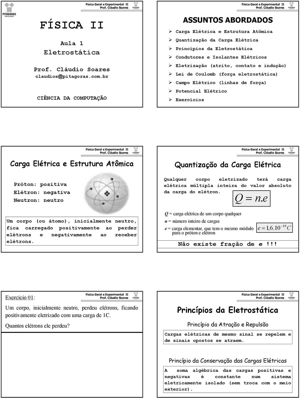 Lei e oulomb (força eletrostática) ampo Elétrico (linhas e força) Potencial Elétrico Exercícios arga Elétrica e Estrutura Atômica Próton: positiva Elétron: negativa Neutron: neutro Um corpo (ou