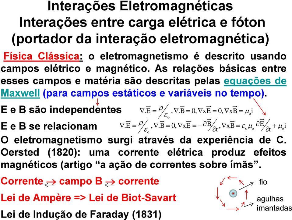 E e B são independentes. E,. B 0, xe 0, xb oi o E e B se relacionam. E,. B 0, xe B, xb E o o oi o t t O eletromagnetismo surgi através da experiência de C.