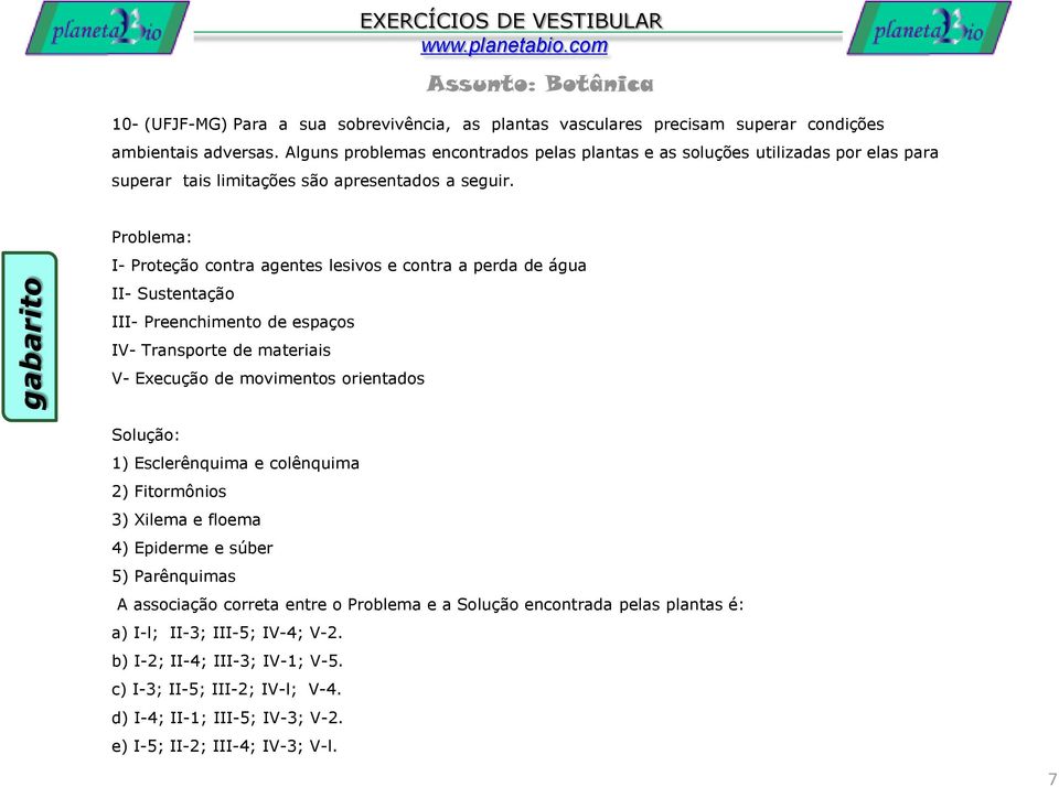 Problema: I- Proteção contra agentes lesivos e contra a perda de água II- Sustentação III- Preenchimento de espaços IV- Transporte de materiais V- Execução de movimentos orientados Solução: 1)