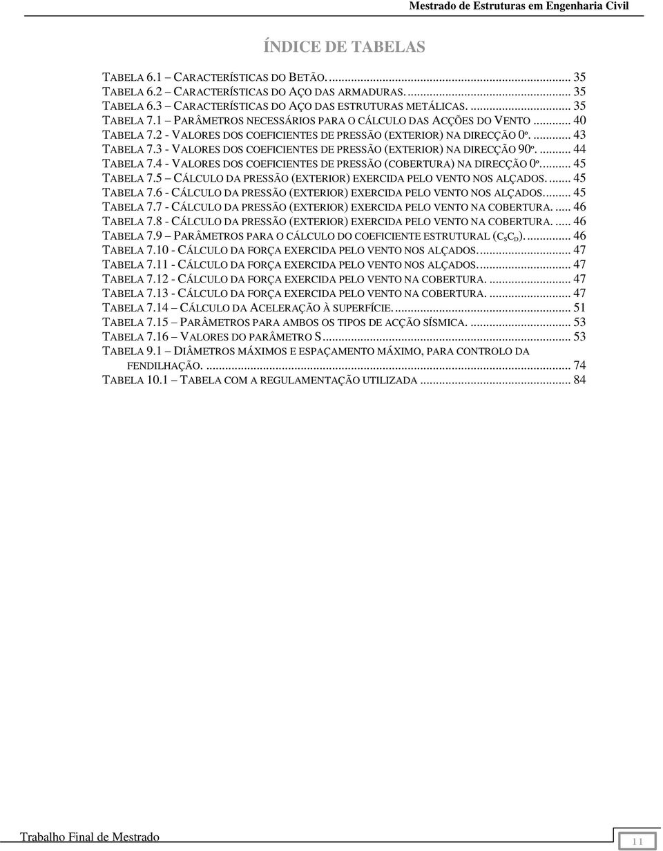 3 - VALORES DOS COEFICIENTES DE PRESSÃO (EXTERIOR) NA DIRECÇÃO 90º.... 44 TABELA 7.4 - VALORES DOS COEFICIENTES DE PRESSÃO (COBERTURA) NA DIRECÇÃO 0º.... 45 TABELA 7.