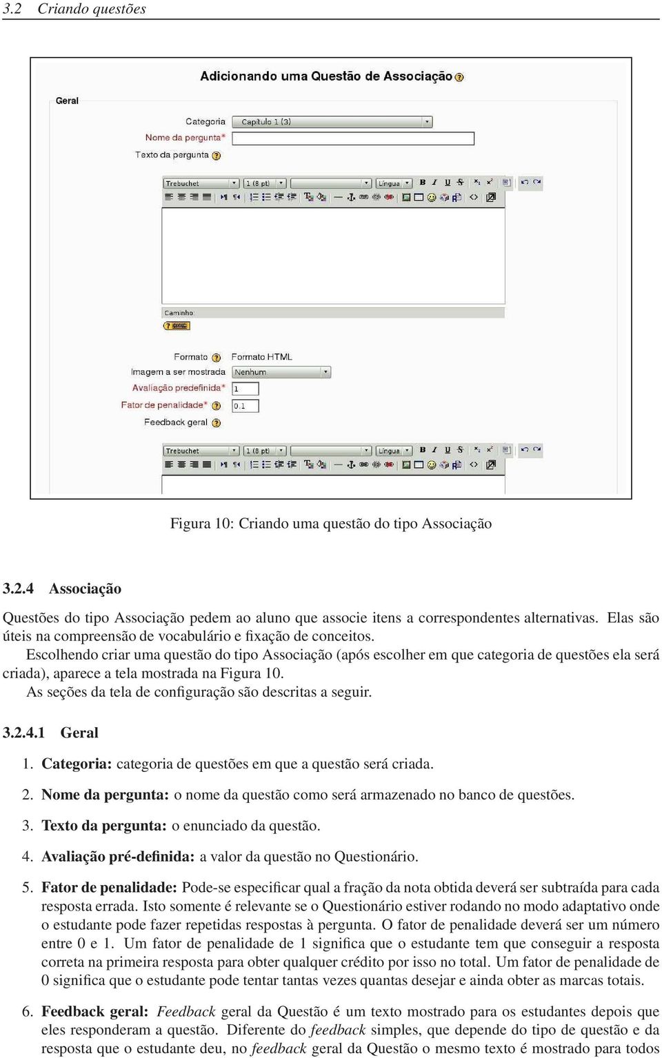 Escolhendo criar uma questão do tipo Associação (após escolher em que categoria de questões ela será criada), aparece a tela mostrada na Figura 10.