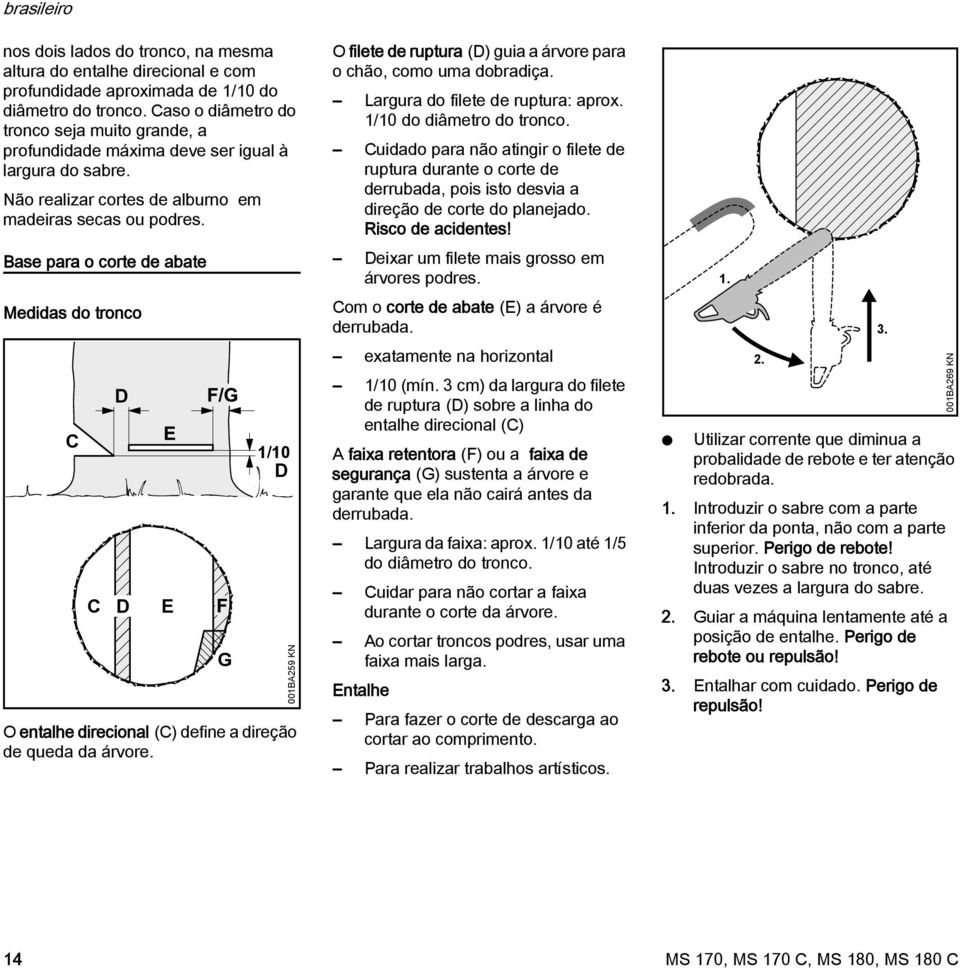 Base para o corte de abate Medidas do tronco C C O entalhe direcional (C) define a direção de queda da árvore.