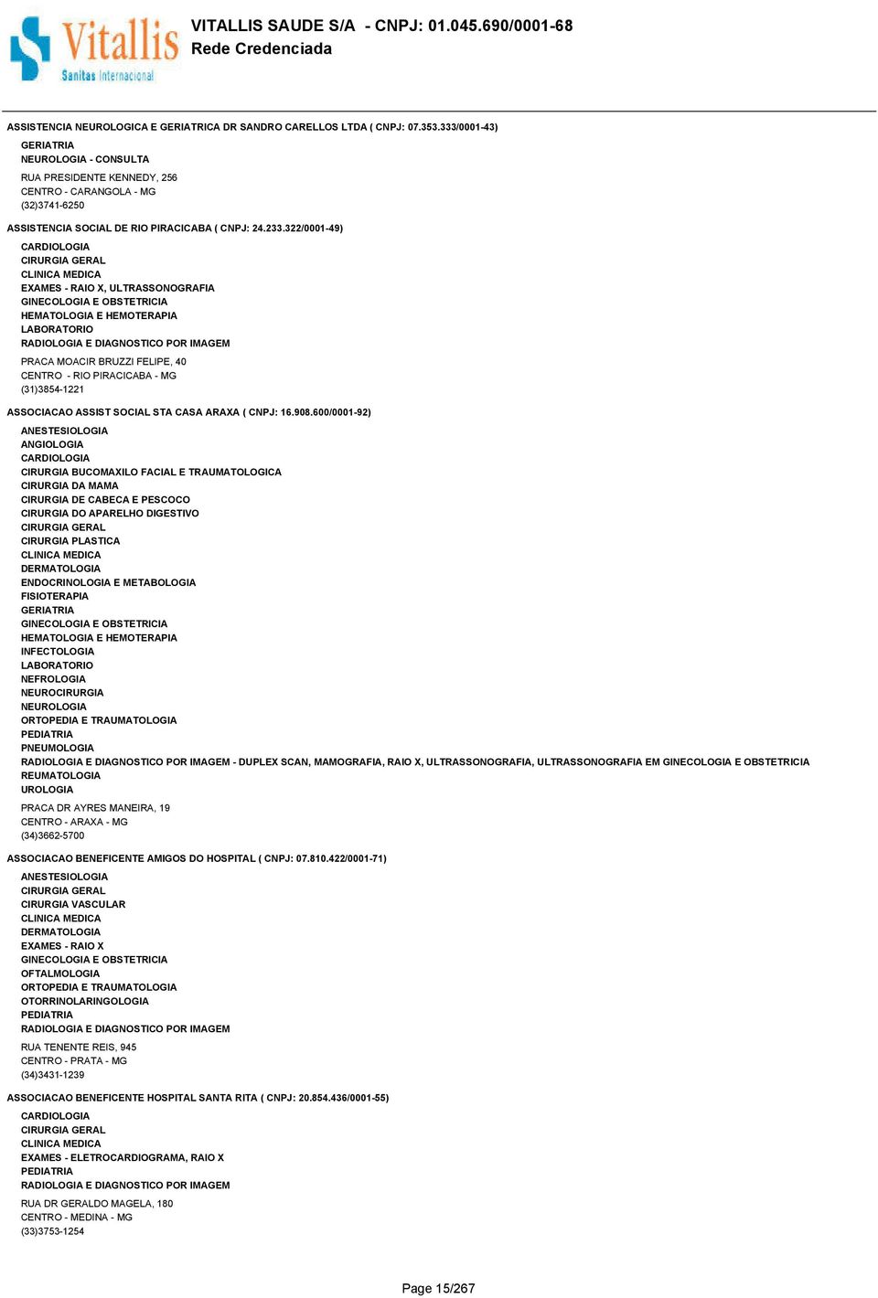 322/0001-49) EXAMES - RAIO X, ULTRASSONOGRAFIA HEMATOLOGIA E HEMOTERAPIA PRACA MOACIR BRUZZI FELIPE, 40 CENTRO - RIO PIRACICABA - MG (31)3854-1221 ASSOCIACAO ASSIST SOCIAL STA CASA ARAXA ( CNPJ: 16.