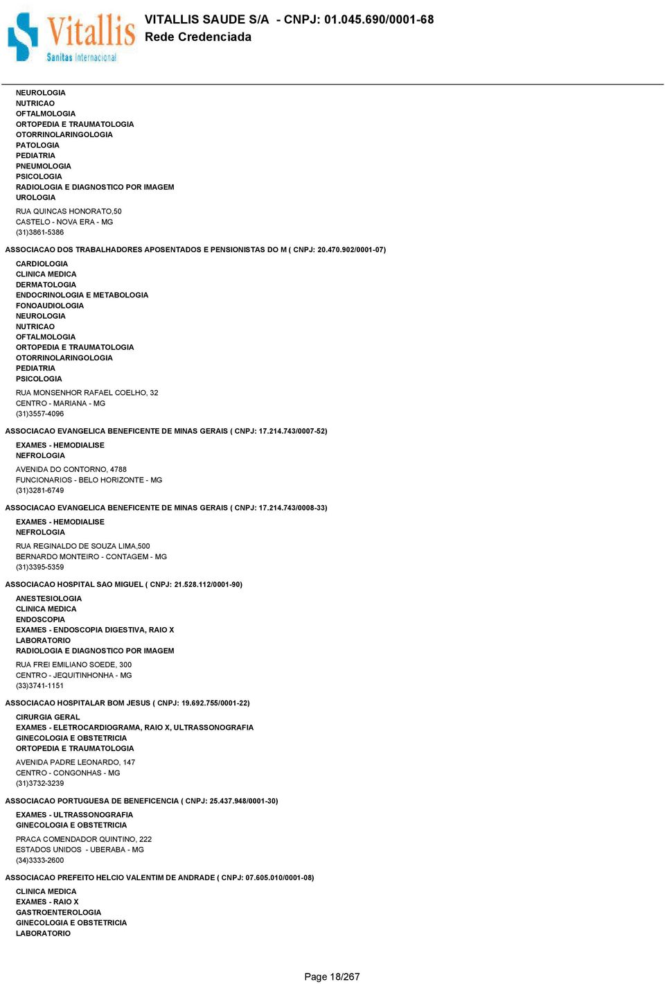 743/0007-52) EXAMES - HEMODIALISE NEFROLOGIA AVENIDA DO CONTORNO, 4788 FUNCIONARIOS - BELO HORIZONTE - MG (31)3281-6749 ASSOCIACAO EVANGELICA BENEFICENTE DE MINAS GERAIS ( CNPJ: 17.214.