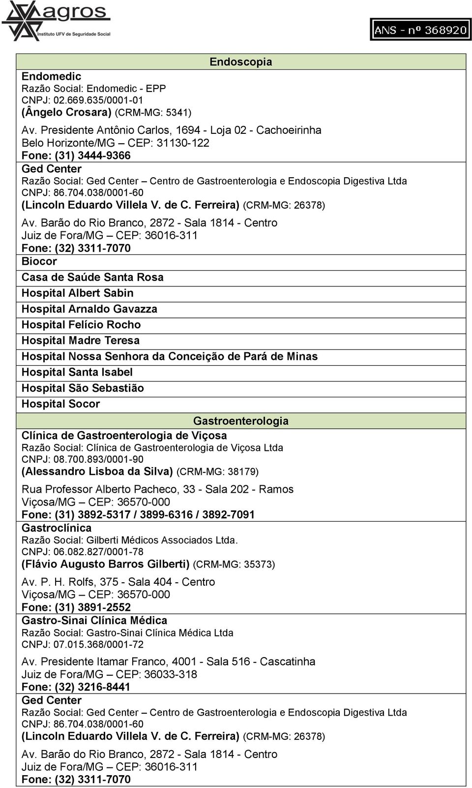 Ltda CNPJ: 86.704.038/0001-60 (Lincoln Eduardo Villela V. de C. Ferreira) (CRM-MG: 26378) Av.