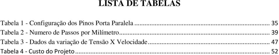 .. 35 Tabela 2 - Numero de Passos por Milímetro.