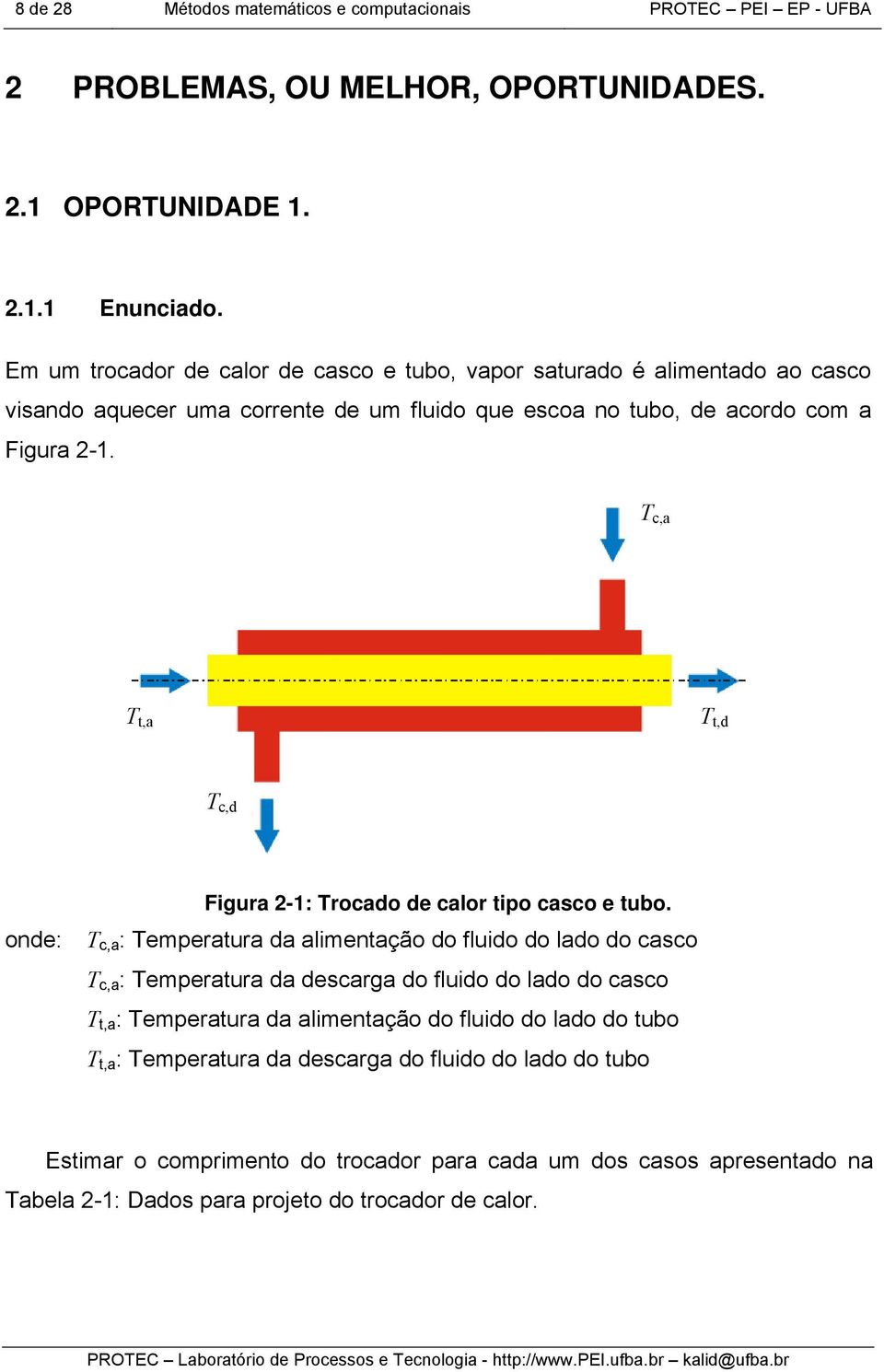 T c,a T t,a T t,d T c,d onde: Figura 2-1: Trocado de calor tipo casco e tubo.