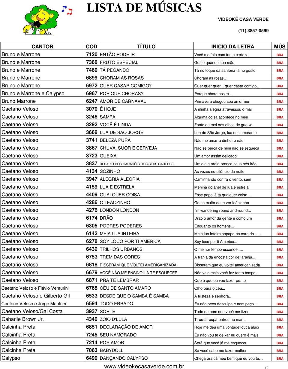 Porque chora assim BRA Bruno Marrone 6247 AMOR DE CARNAVAL Primavera chegou seu amor me BRA Caetano Veloso 3070 É HOJE A minha alegria atravessou o mar BRA Caetano Veloso 3246 SAMPA Alguma coisa