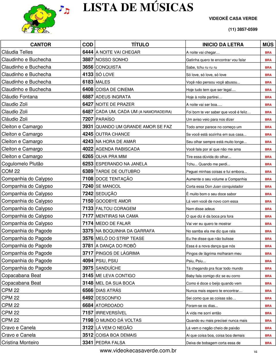 .. BRA Claudinho e Buchecha 6408 COISA DE CINEMA Hoje tudo tem que ser legal... BRA Cláudio Fontana 6887 ADEUS INGRATA Hoje à noite partirei BRA Claudio Zoli 6427 NOITE DE PRAZER A noite vai ser boa.