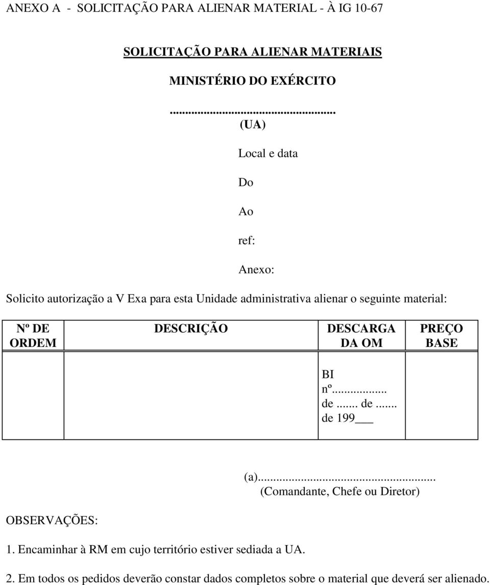 Nº DE ORDEM DESCRIÇÃO DESCARGA DA OM PREÇO BASE BI nº... de... de... de 199 (a)... (Comandante, Chefe ou Diretor) OBSERVAÇÕES: 1.