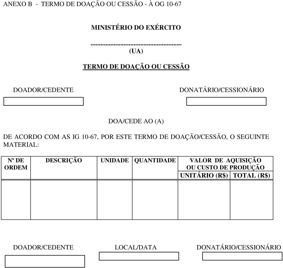 COM AS IG 10-67, POR ESTE TERMO DE DOAÇÃO/CESSÃO, O SEGUINTE MATERIAL: Nº DE ORDEM DESCRIÇÃO