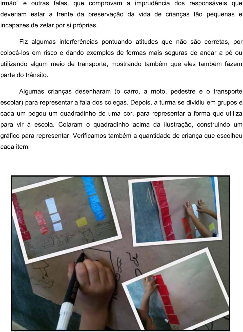 também que eles também fazem parte do trânsito. Algumas crianças desenharam (o carro, a moto, pedestre e o transporte escolar) para representar a fala dos colegas.