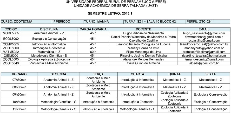 com CCMP5005 Introdução à Informática 45 h Leandro Ricardo Rodrigues de Lucena leandroricardo_est@yahoo.com.br ZOOT5000 Introdução à Zootecnia 45 h Mariany Souza de Brito marianybrito@yahoo.com.br MATM5022 Matemática I - Z 60 h Filipe Mendonça de Lima professorfilipelima@gmail.