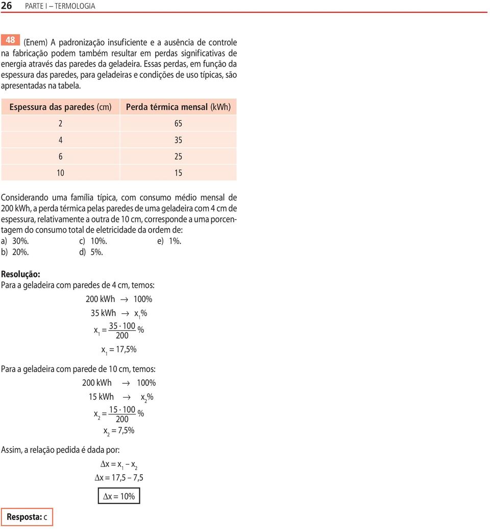 Espessura das paredes (cm Perda térmica mensal (kwh 2 65 4 35 6 25 10 15 Considerando uma família típica, com consumo médio mensal de 200 kwh, a perda térmica pelas paredes de uma geladeira com 4 cm