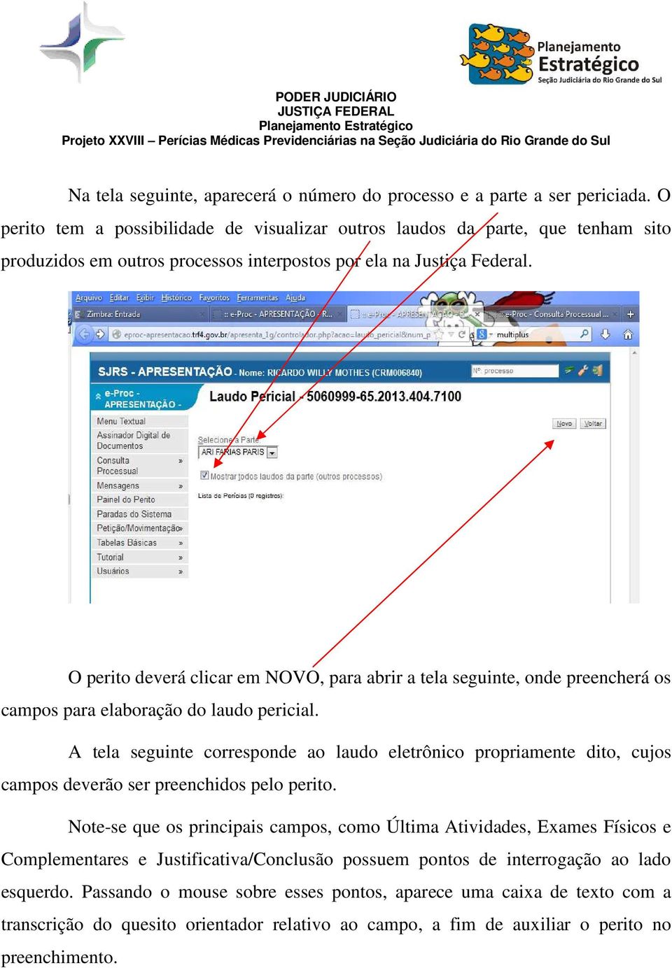 O perito deverá clicar em NOVO, para abrir a tela seguinte, onde preencherá os campos para elaboração do laudo pericial.