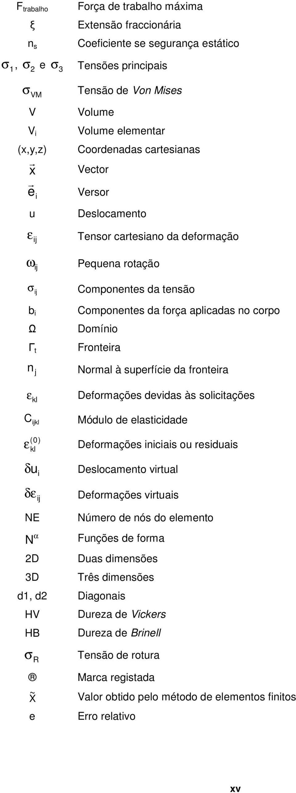 Domínio Fronteira Normal à superfície da fronteira Deformações devidas às solicitações C ijkl Módulo de elasticidade (0) ε kl Deformações iniciais ou residuais δ u i Deslocamento virtual δε ij