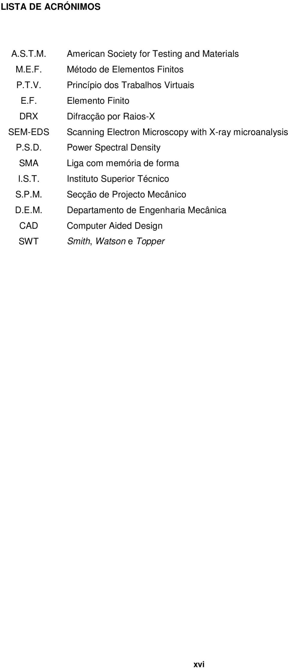 M.E.F. P.T.V. E.F. DRX SEM-EDS P.S.D. SMA I.S.T. S.P.M. D.E.M. CAD SWT American Society for Testing and Materials Método