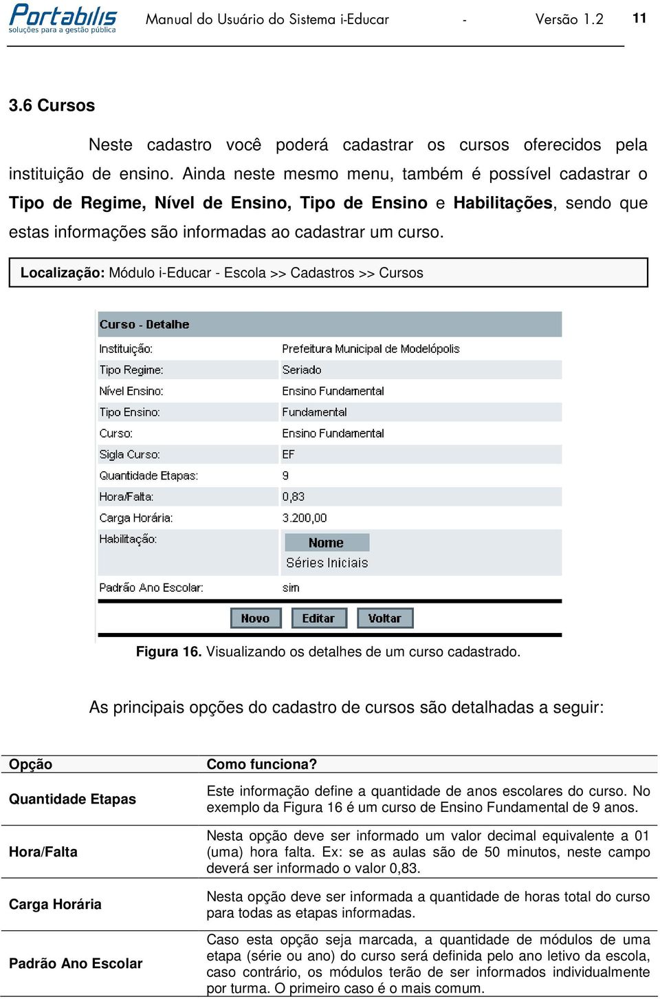 Localização: Módulo i-educar - Escola >> Cadastros >> Cursos Figura 16. Visualizando os detalhes de um curso cadastrado.