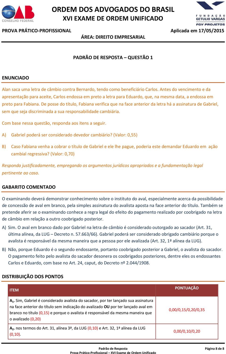 De posse do título, Fabiana verifica que na face anterior da letra há a assinatura de Gabriel, sem que seja discriminada a sua responsabilidade cambiária.