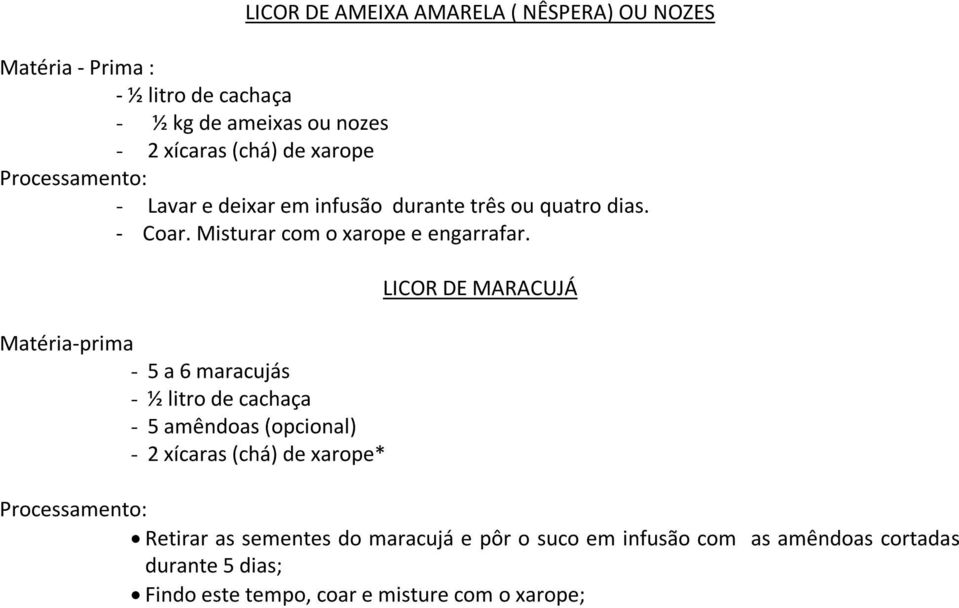 Matéria-prima - 5 a 6 maracujás - ½ litro de cachaça - 5 amêndoas (opcional) - 2 xícaras (chá) de xarope* LICOR DE MARACUJÁ